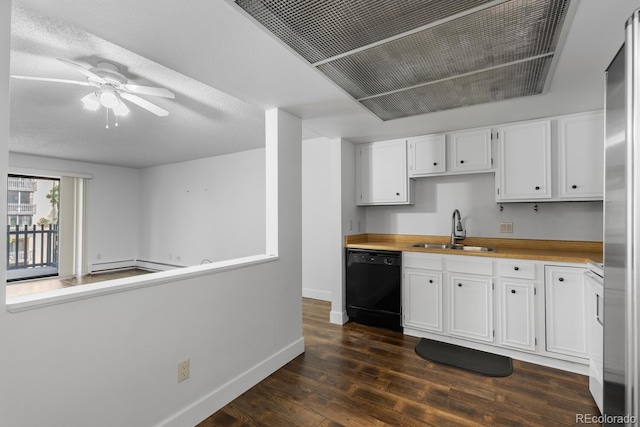 kitchen with black dishwasher, white cabinets, sink, and butcher block counters