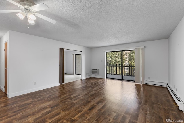 unfurnished room featuring ceiling fan, a textured ceiling, baseboard heating, dark hardwood / wood-style flooring, and an AC wall unit