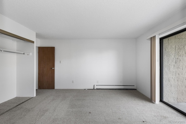 unfurnished bedroom featuring carpet floors, a closet, a textured ceiling, and a baseboard radiator