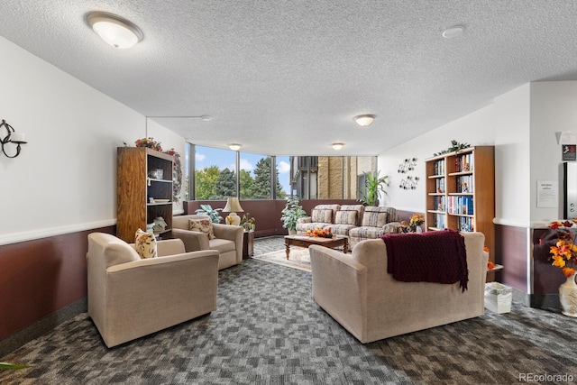 carpeted living room with a textured ceiling