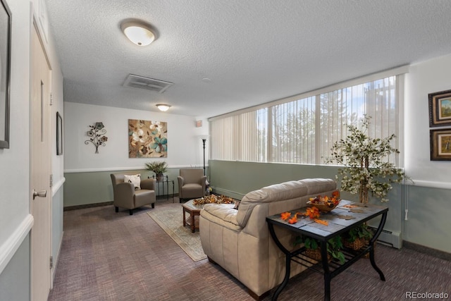 living room featuring a baseboard radiator, carpet floors, and a textured ceiling