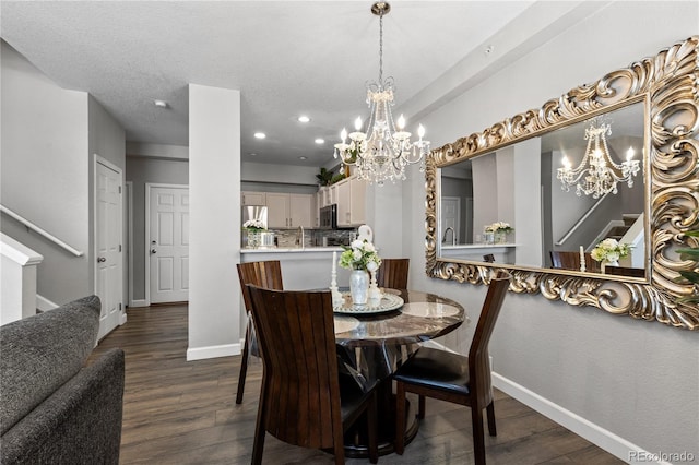 9758 Laredo St Unit 18D, Commerce City, CO 80022 - dining room with dark wood-style flooring, stairway, baseboards, an inviting chandelier, and recessed lighting