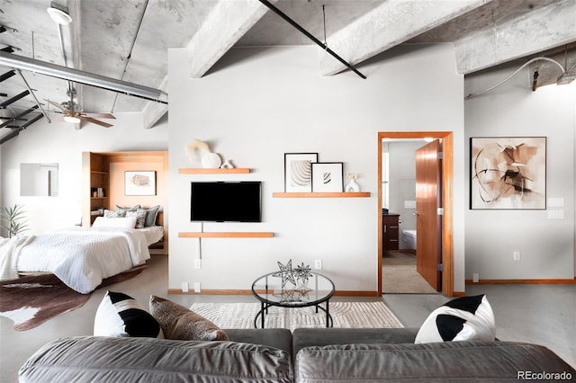 100 Park Ave Unit 2008, Denver, CO 80205 - living area featuring ceiling fan, concrete flooring, and a towering ceiling