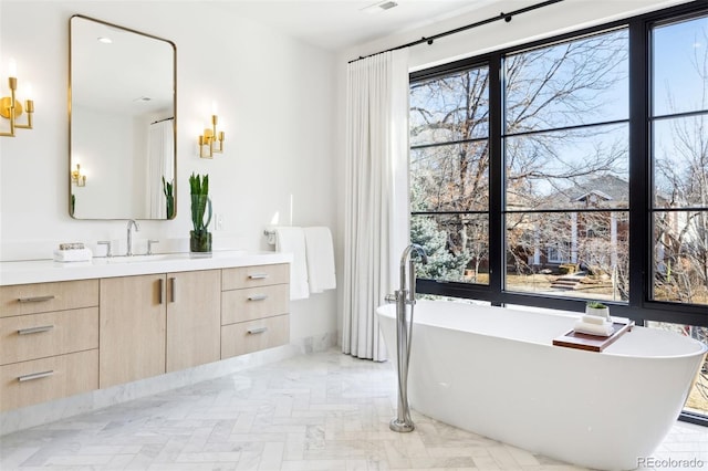 bathroom featuring vanity and a bath