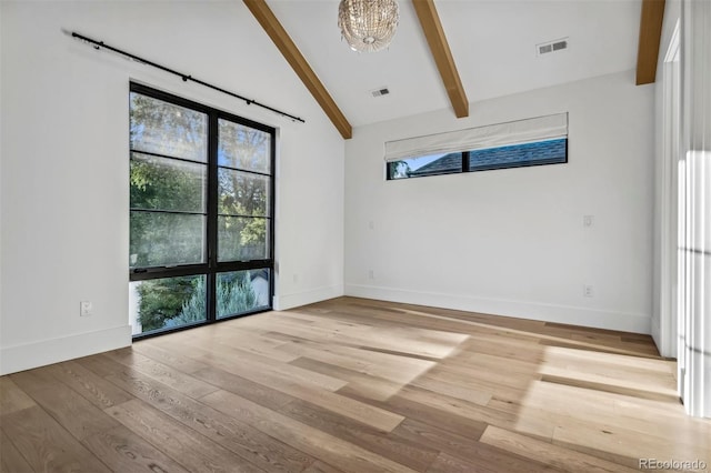 unfurnished room with high vaulted ceiling, beam ceiling, a wealth of natural light, and light hardwood / wood-style floors