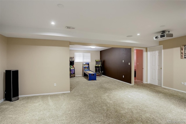 interior space featuring light colored carpet