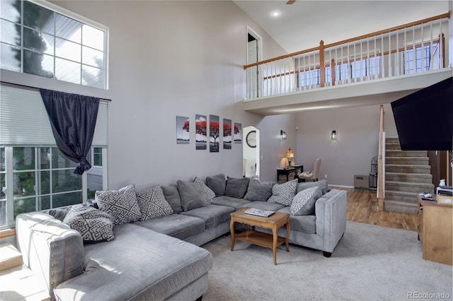 living room featuring a towering ceiling and hardwood / wood-style flooring