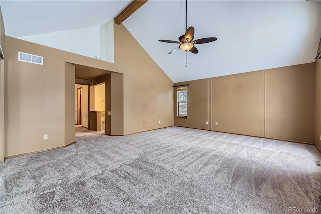 interior space featuring ceiling fan, beam ceiling, light colored carpet, and high vaulted ceiling