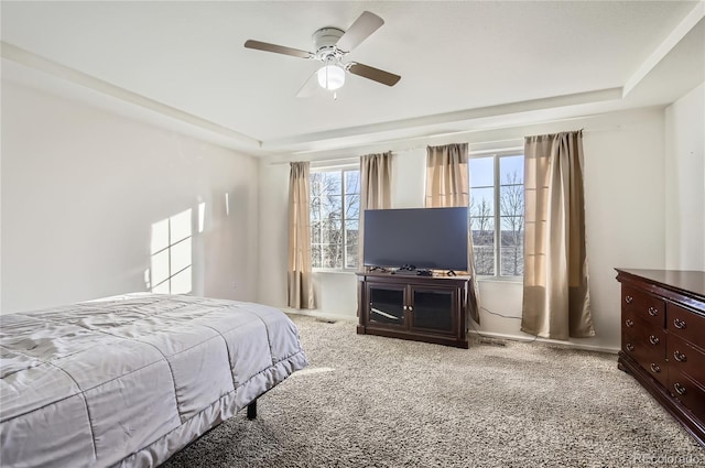 3423 Rosewood Ln, Johnstown, CO 80534 - carpeted bedroom featuring a raised ceiling, multiple windows, and ceiling fan
