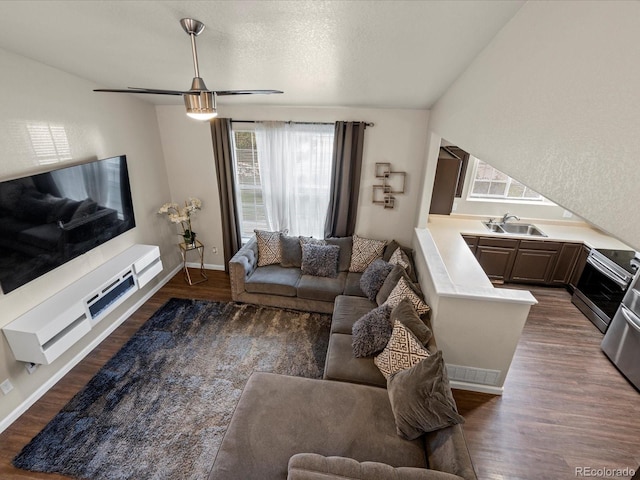 living room with sink, a textured ceiling, and dark hardwood / wood-style flooring