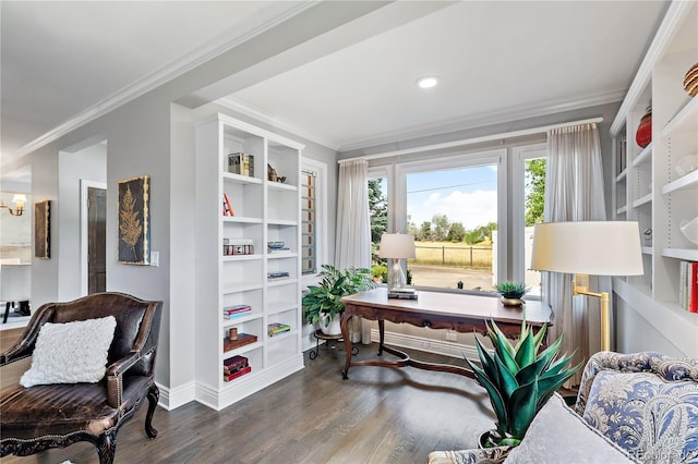 office space with ornamental molding, built in features, and dark hardwood / wood-style flooring