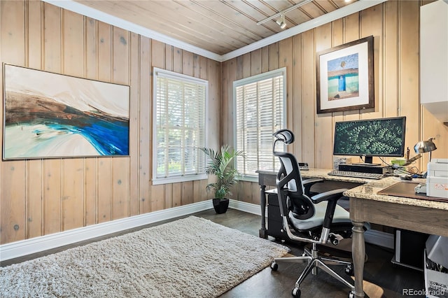 home office featuring wood ceiling, dark hardwood / wood-style floors, ornamental molding, and rail lighting