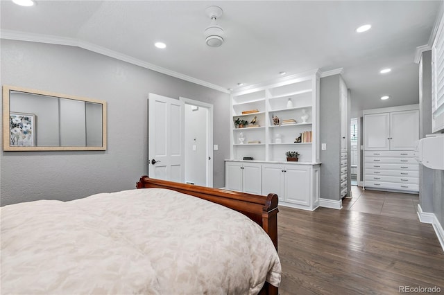 bedroom with dark wood-type flooring, lofted ceiling, and ornamental molding