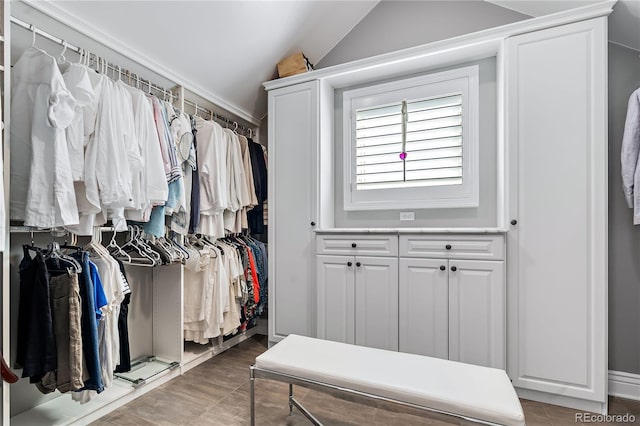 walk in closet featuring vaulted ceiling