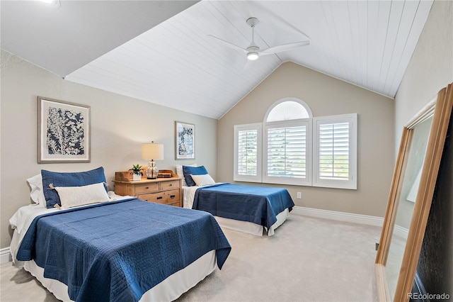 carpeted bedroom with lofted ceiling, wooden ceiling, and ceiling fan