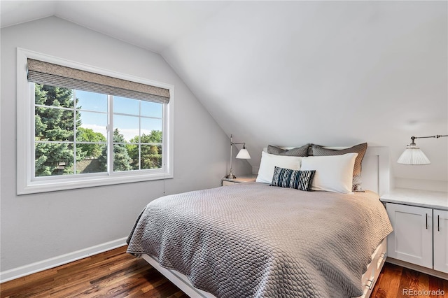 bedroom featuring dark hardwood / wood-style flooring and vaulted ceiling