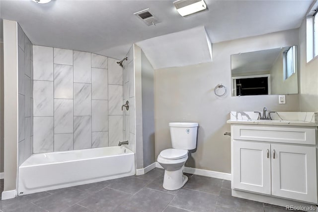 2921 E Colorado Ave, Denver, CO 80210 - bathroom with visible vents, toilet, tile patterned floors, tub / shower combination, and vanity