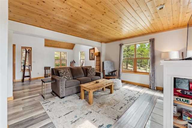 2028 Redhill Rd, Fairplay, CO 80440 - living room featuring wooden ceiling, baseboards, wood finished floors, and a fireplace