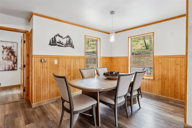 2028 Redhill Rd, Fairplay, CO 80440 - dining room featuring wood walls, a wainscoted wall, wood-type flooring, and crown molding