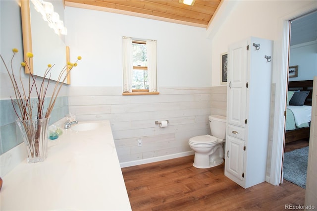 2028 Redhill Rd, Fairplay, CO 80440 - bathroom with toilet, wood finished floors, wooden ceiling, vaulted ceiling, and vanity