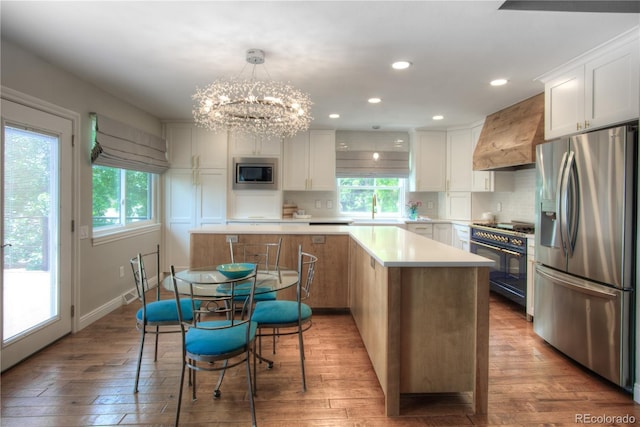 8140 S Storm King Peak, Littleton, CO 80127 - kitchen with appliances with stainless steel finishes, custom range hood, hardwood / wood-style floors, and recessed lighting