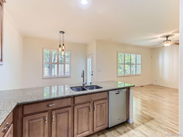 11883 E Fair Ave, Greenwood Village, CO 80111 - kitchen featuring dishwasher, crown molding, light stone counters, light wood-style floors, and a ceiling fan