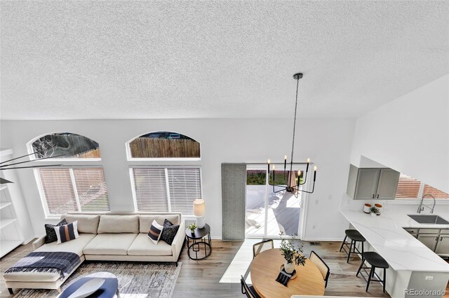 275 S Pembrook St, Castle Rock, CO 80104 - living room with a chandelier, a textured ceiling, wood finished floors, and baseboards