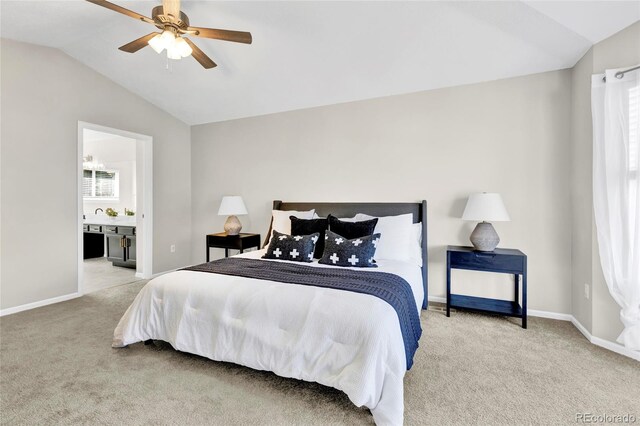 275 S Pembrook St, Castle Rock, CO 80104 - carpeted bedroom with vaulted ceiling, baseboards, connected bathroom, and ceiling fan