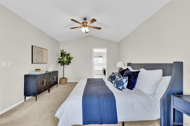 275 S Pembrook St, Castle Rock, CO 80104 - carpeted bedroom with baseboards, vaulted ceiling, ensuite bathroom, and a ceiling fan
