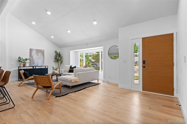 4269 Carter Trl, Boulder, CO 80301 - living area with light wood-style floors, recessed lighting, high vaulted ceiling, and baseboards