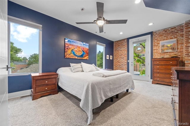 3410 Pecos St, Denver, CO 80211 - carpeted bedroom featuring access to outside, recessed lighting, brick wall, and ceiling fan