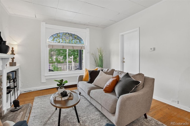 274 S Lincoln St, Denver, CO 80209 - living area featuring crown molding, wood finished floors, and a fireplace