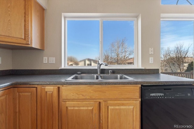 kitchen with a sink, dark countertops, dishwasher, and a wealth of natural light