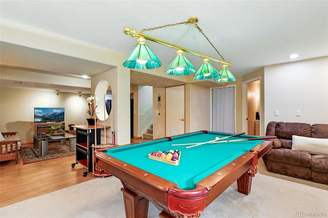 rec room featuring carpet floors, recessed lighting, billiards, and wood finished floors