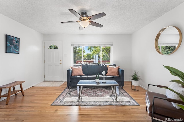 6506 Lee St, Arvada, CO 80004 - living room with light wood finished floors, a ceiling fan, baseboards, and a textured ceiling