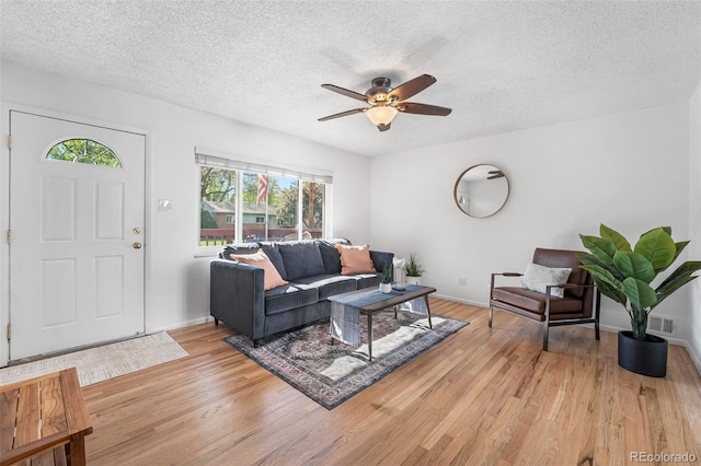 6506 Lee St, Arvada, CO 80004 - living area with light wood-style flooring, a ceiling fan, a textured ceiling, and baseboards