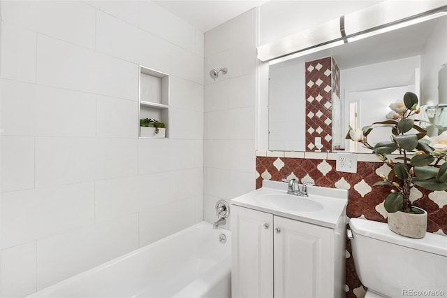 6506 Lee St, Arvada, CO 80004 - full bath with vanity, toilet, bathtub / shower combination, and decorative backsplash