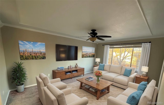 carpeted living room featuring a textured ceiling, ceiling fan, and crown molding