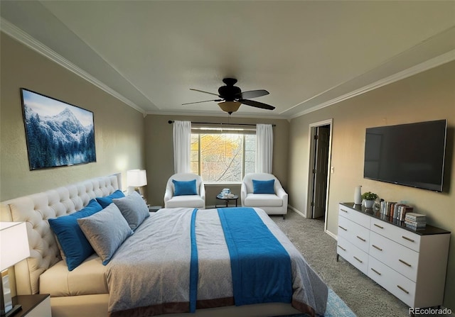 bedroom featuring ceiling fan, light colored carpet, and ornamental molding