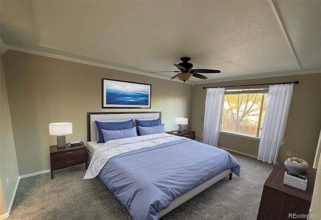 bedroom featuring ceiling fan, carpet, and ornamental molding