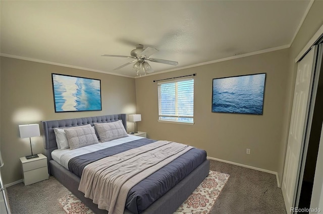 bedroom featuring dark colored carpet, a closet, ceiling fan, and ornamental molding