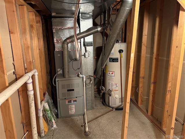 utility room with gas water heater and heating unit