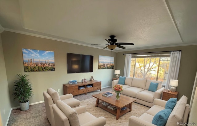 13031 Dexter St, Thornton, CO 80241 - living area featuring light colored carpet, baseboards, a ceiling fan, and crown molding