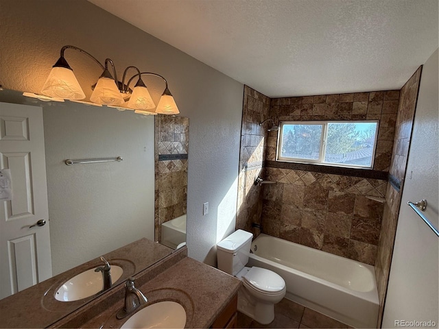 13031 Dexter St, Thornton, CO 80241 - full bath with bathtub / shower combination, tile patterned floors, toilet, vanity, and a textured ceiling