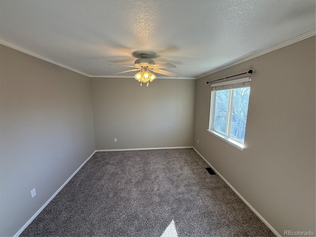 13031 Dexter St, Thornton, CO 80241 - carpeted empty room featuring ceiling fan, baseboards, ornamental molding, and a textured ceiling