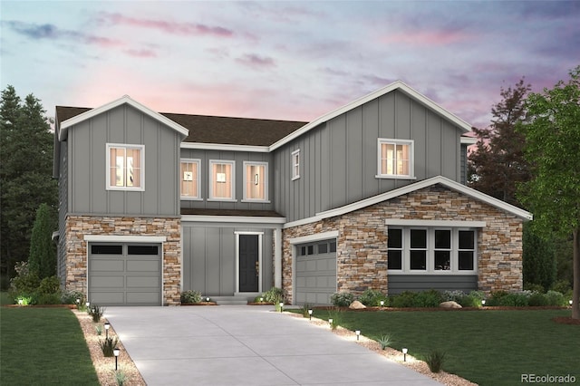 view of front of property featuring board and batten siding, a shingled roof, concrete driveway, a yard, and a garage