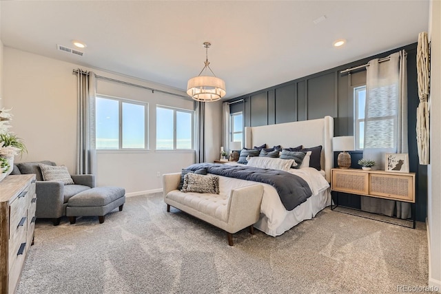 bedroom with recessed lighting, visible vents, baseboards, and carpet flooring