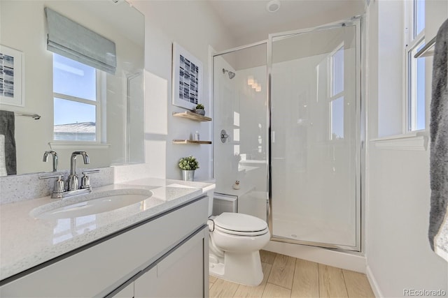 full bath featuring vanity, a shower stall, toilet, and wood finished floors