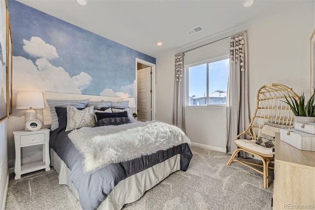 bedroom featuring recessed lighting, visible vents, carpet floors, and baseboards