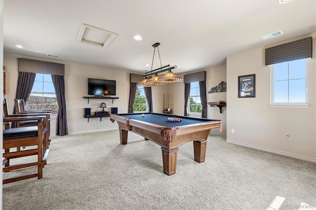 recreation room with billiards, baseboards, carpet, and visible vents